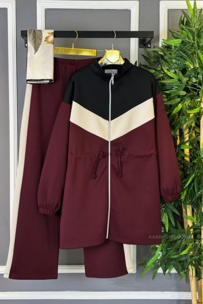 Garnili V Detaylı İkili Takım Bordo