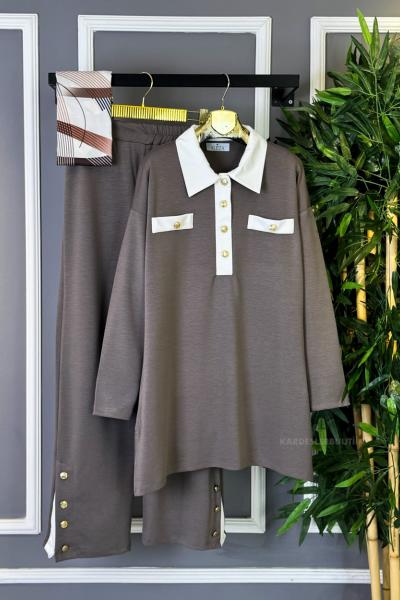 Gold Düğmeli İkili Takım Mocha