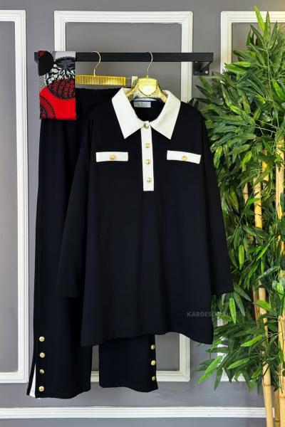 Gold Düğmeli İkili Takım Siyah