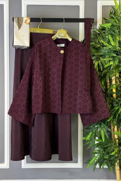 Gold Düğme Detaylı Etekli Takım Bordo