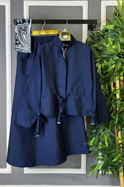 Hakim Yaka Fermuarlı Etekli Takım Lacivert