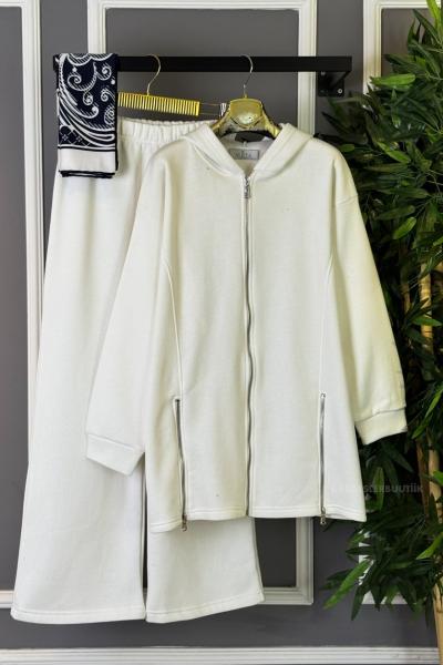 İki Yanı Fermuarlı İkili Takım Beyaz