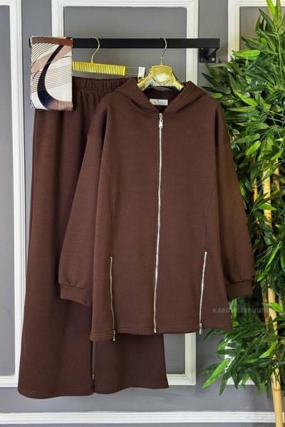 İki Yanı Fermuarlı İkili Takım Kahverengi