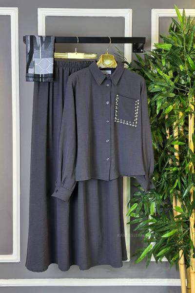 İncili Etekli Takım  Gri