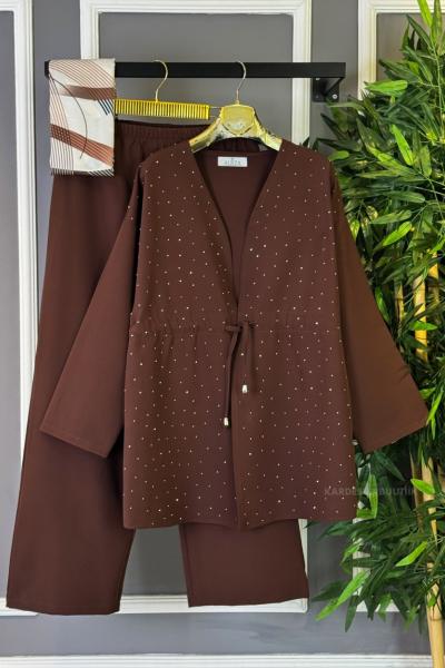 Işıltılı Kimono İkili Takım Kahverengi