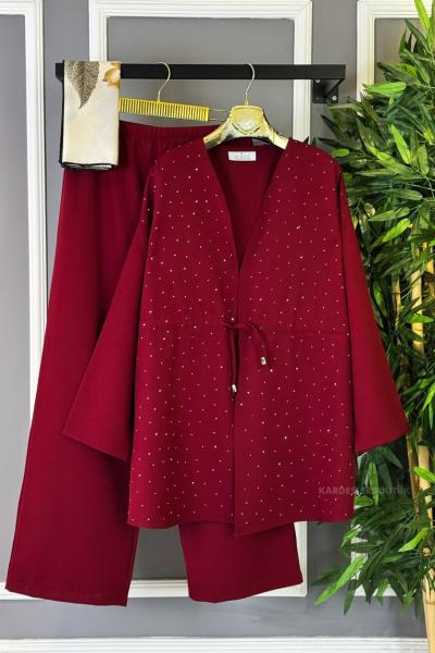 Işıltılı Kimono İkili Takım Bordo