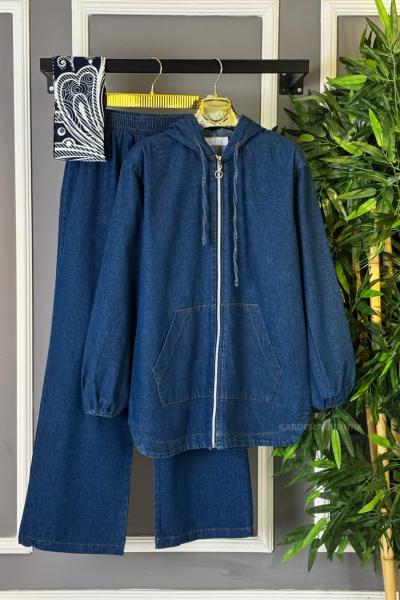 Kapüşonlu Kot İkili Takım Koyu Mavi