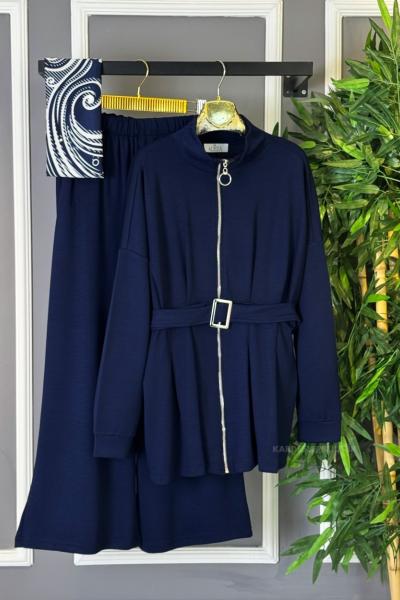 Kemerli Fermuarlı İkili Takım Lacivert