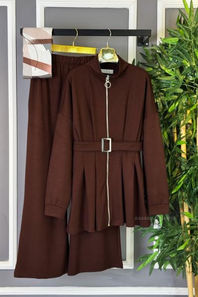 Kemerli Fermuarlı İkili Takım Kahverengi