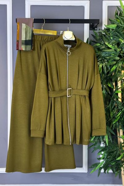 Kemerli Fermuarlı İkili Takım Yağ Yeşili