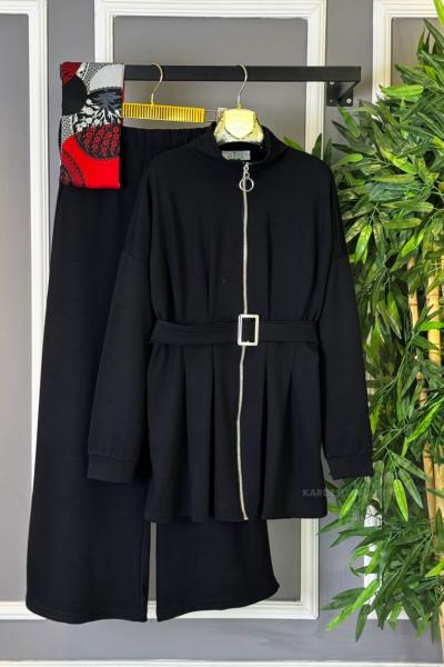 Kemerli Fermuarlı İkili Takım Siyah