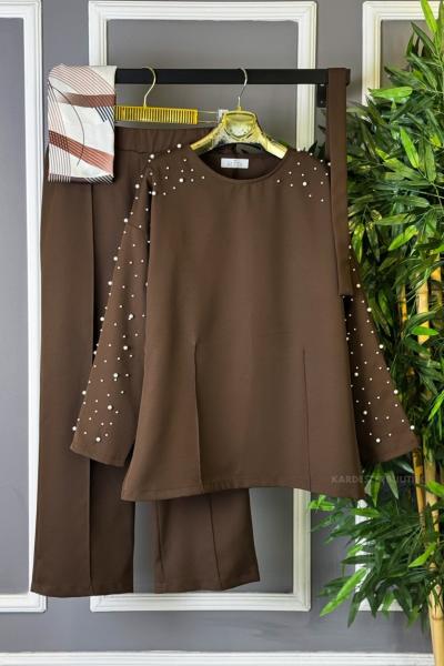 Kolu İncili İkili Takım Kahverengi