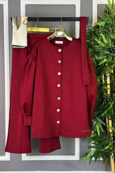 Kolu Pileli İkili Takım Bordo