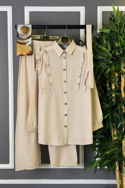 Kuşaklı Fırfırlı İkili Takım  Taş Rengi