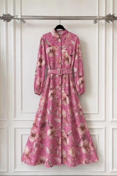 Lale Desenli Elbise  Pembe
