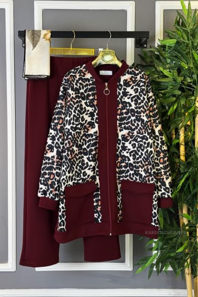 Leopar Cepli İkili Takım Bordo