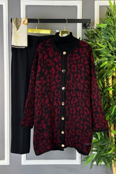 Leopar Triko Hırka Bordo