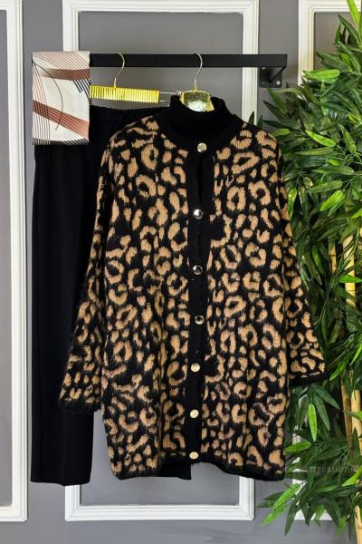 Leopar Triko Hırka Kahverengi