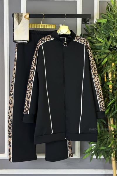 Omuz Garnili Leopar İkili Takım Siyah Kahverengi