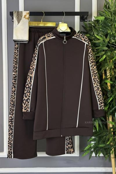Omuz Garnili Leopar İkili Takım Kahverengi