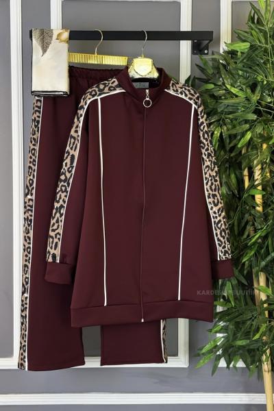 Omuz Garnili Leopar İkili Takım Bordo
