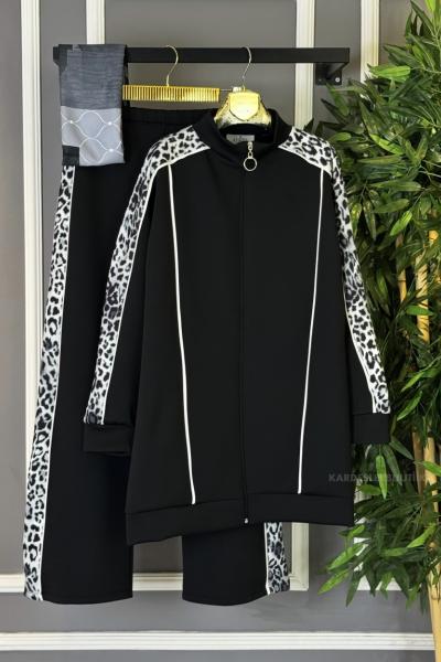 Omuz Garnili Leopar İkili Takım Gri Siyah