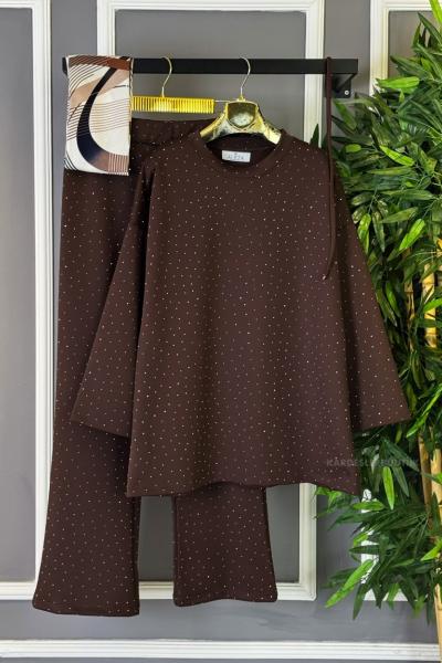 Ön ve Arka Taş İşlemeli İkili Takım Kahverengi