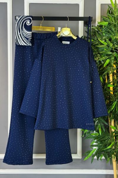 Ön ve Arka Taş İşlemeli İkili Takım Lacivert