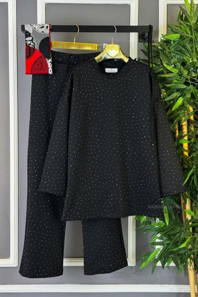 Ön ve Arka Taş İşlemeli İkili Takım Siyah