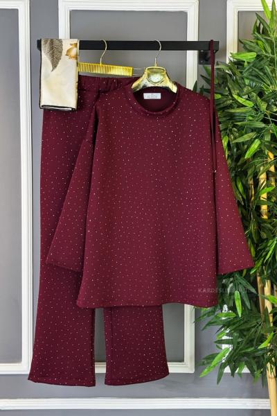 Ön ve Arka Taş İşlemeli İkili Takım Bordo