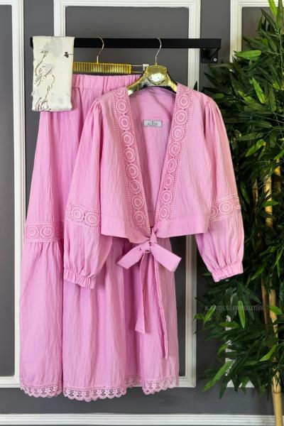 Önden Bağlamalı Etekli Takım  Pembe