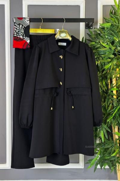 Önden Gold Düğmeli İkili Takım Siyah