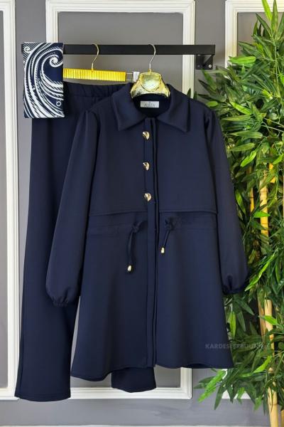 Önden Gold Düğmeli İkili Takım Lacivert