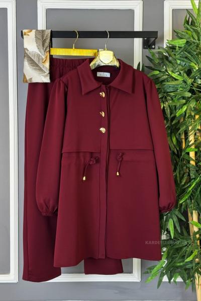 Önden Gold Düğmeli İkili Takım Bordo