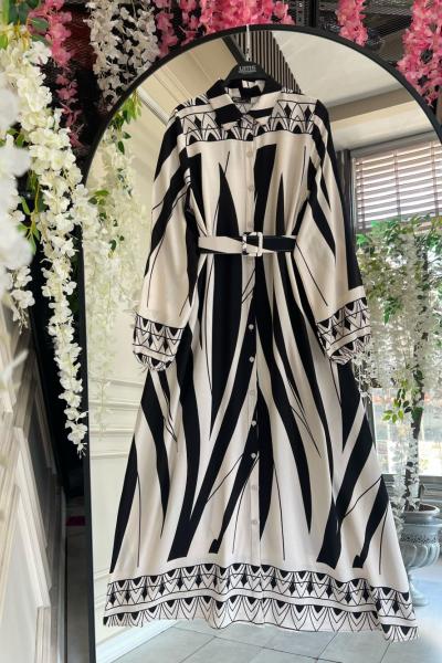 Önü Düğmeli Desenli Elbise  Siyah