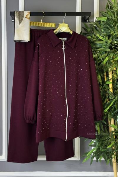 Önü Pullu İkili Takım Bordo