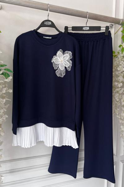 Piliseli Gül Detaylı İkili Takım Lacivert