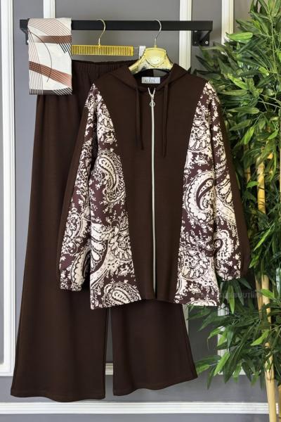 Şal Desen İkili Takım Kahverengi