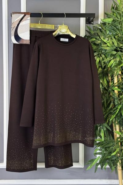 Taş Süslemeli İkili Takım  Kahverengi