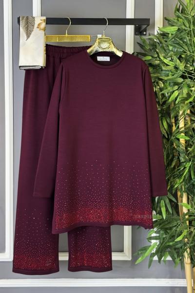 Taş Süslemeli İkili Takım  Bordo