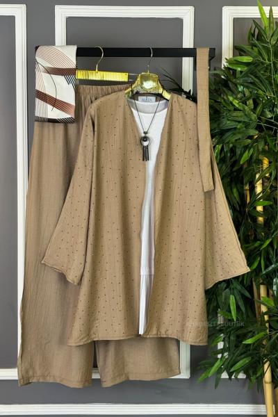 Taşlı Kimono İkili Takım Vizon