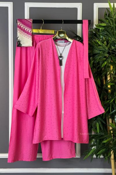 Taşlı Kimono İkili Takım Pembe
