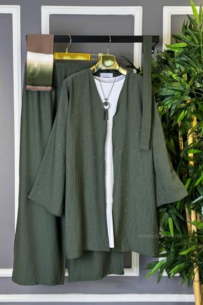 Taşlı Kimono İkili Takım Haki