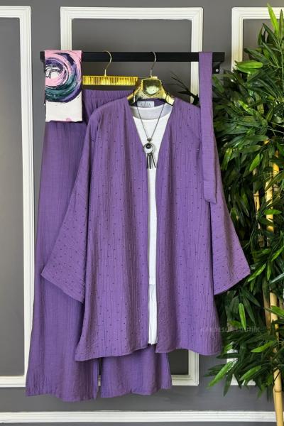 Taşlı Kimono İkili Takım Lila
