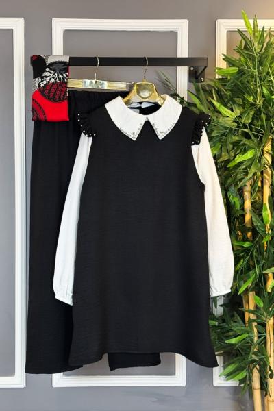 Taşlı Omuz Fırfırlı İkili Takım  Siyah