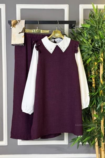 Taşlı Omuz Fırfırlı İkili Takım  Mürdüm