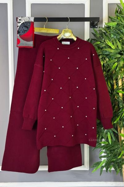 Taşlı Triko Takım Bordo