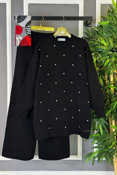 Taşlı Triko Takım Siyah