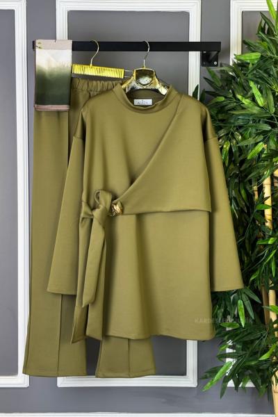 Tokalı Çapraz Bağlamalı İkili Takım Yağ Yeşili