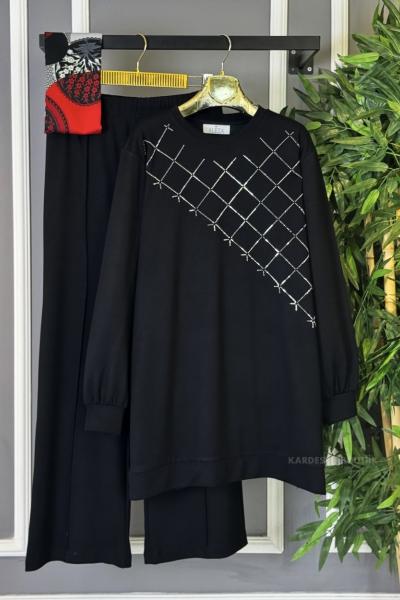 Tunik Yandan İşlemeli İkili Takım Siyah